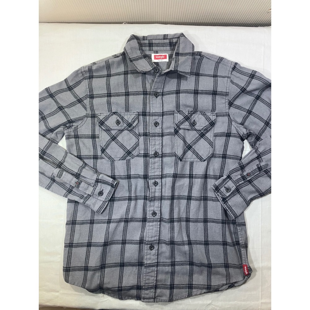 Wrangler Mens Plaid Flannel Long Sleeve Button Up Shirt M Medium Grey Black